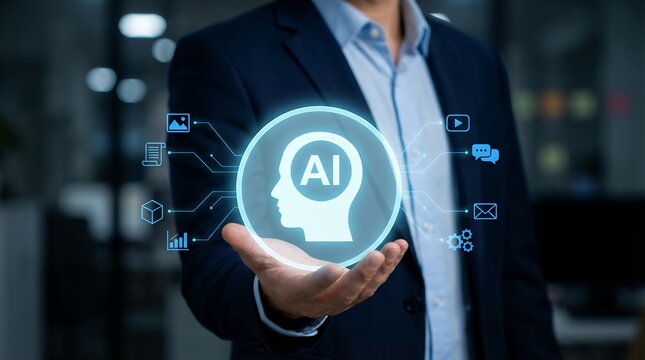 A businessman holding a glowing digital interface showing an artificial intelligence head icon and various data processing symbols representing technological innovation and digital solutions