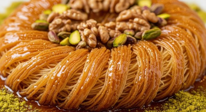 Delicious Kunefe Dessert with Pistachios and Walnuts.
