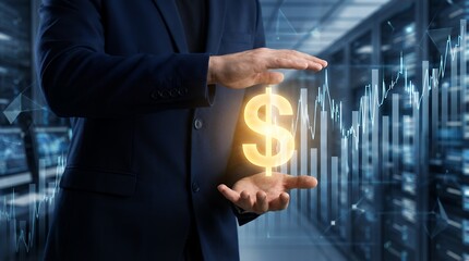 Businessman in suit holding a glowing dollar symbol with financial charts and data servers in the background representing economic growth and technological advancement Finance Technology