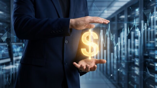 Businessman in suit holding a glowing dollar symbol with financial charts and data servers in the background representing economic growth and technological advancement Finance Technology