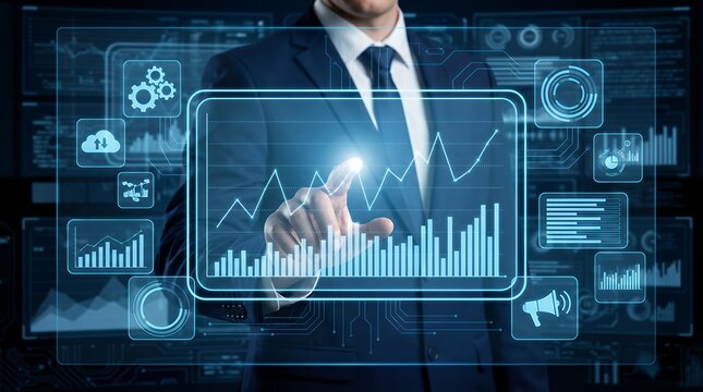 Businessman's hand interacting with a futuristic digital interface displaying financial charts analytics and business growth indicators on a transparent screen showing data visualization
