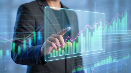 Businessman's finger touches a glowing transparent screen displaying upward trending bar charts and a pink line graph with a blurred financial data background Stock Market Investment