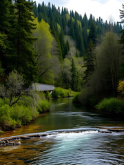 river in foreground, trees precede