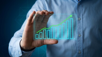 Person's hand holding a transparent screen displaying an upward trending bar chart with a green line graph indicating growth business finance increase profit success data analytics