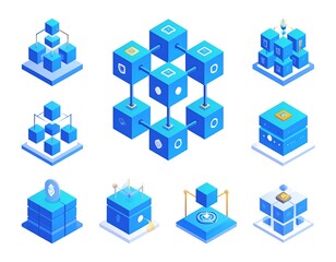 Isometric illustrations depicting digital data structures, networks, and blocks in shades of blue