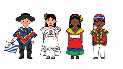 Diverse South American Children in Traditional Cultural Attire Illustration