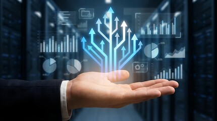 A human hand displays a glowing blue digital flowchart with upward pointing arrows superimposed over a backdrop of server racks and financial data charts Technology Analysis Business
