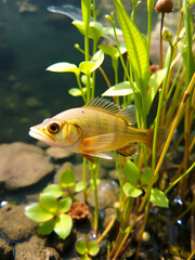 Warmouth sunfish in a spring with several aquatic plants