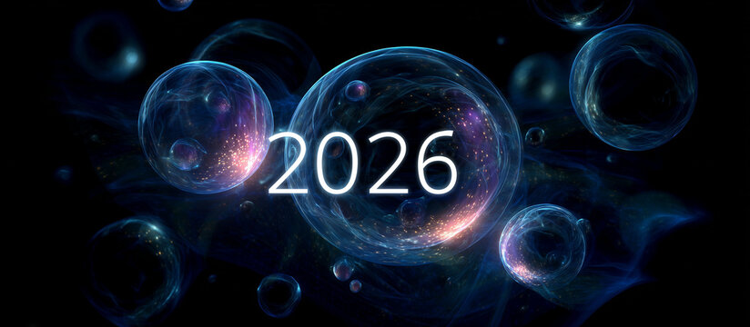 Envisioning 2026 A Futuristic Celebration Concept with Glowing Orbs and Cosmic Energy, New Year's Eve Countdown, High Tech Innovation, and Digital Transformation