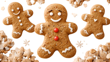 Three gingerbread men cookies with icing and red buttons on a black background with other cookies