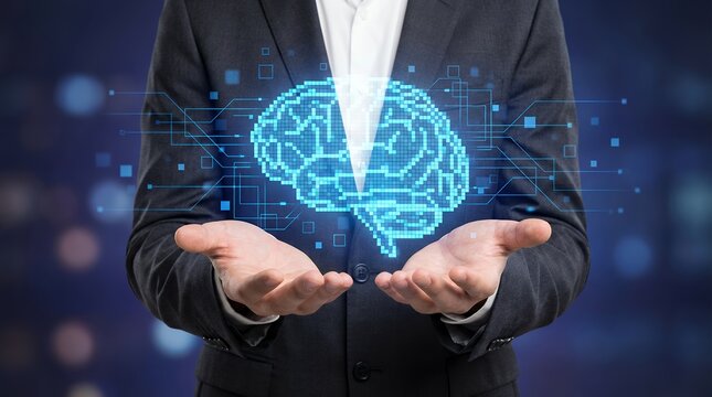 A businessman's outstretched hands display a glowing pixelated blue brain illuminated with digital circuits and connections against a blurred bokeh background Technology Mind Artificial Intelligence