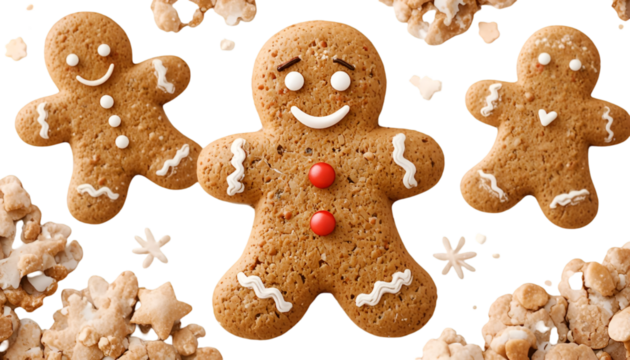 Three gingerbread men cookies with icing and red buttons on a black background with other cookies