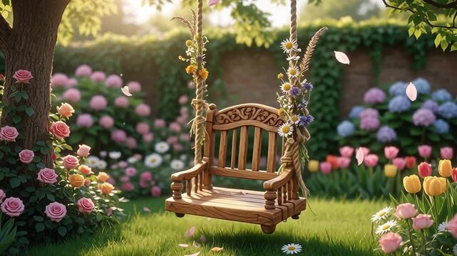 Garden of Grace &mdash; Flower Decorated Swing Under Tree, Teej Festival Celebration, Traditional Indian Cultural Beauty