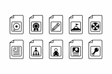 A set of black outline icons for digital documents and concepts