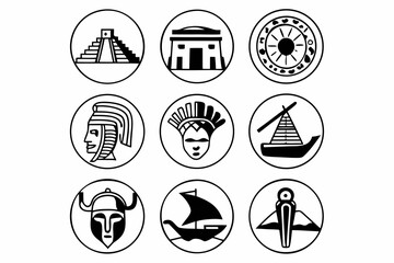 A set of black and white icons representing ancient civilizations