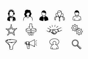 A set of customer relationship management icons in a line art style