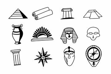 A set of black outline icons depicting ancient history symbols