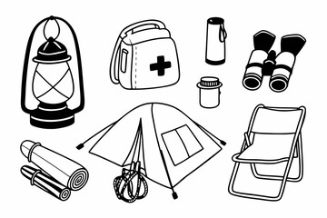 A Set of Hand Drawn Camping Equipment and Outdoor Gear Icons