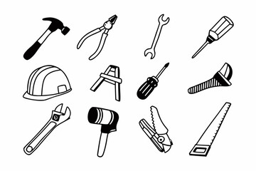 A Set of Hand Drawn Black and White Construction Tool Icons