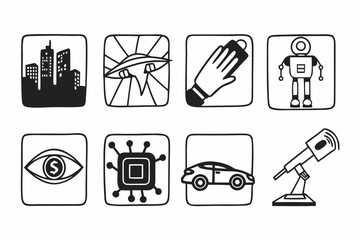 A set of hand drawn black and white futuristic technology icons