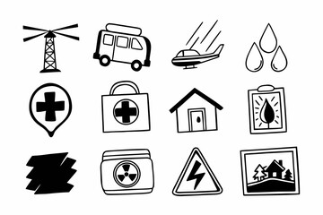 A Set of Hand Drawn Disaster Management and Emergency Icons