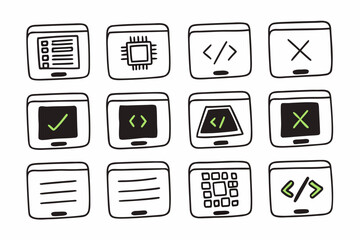 A set of hand drawn icons for coding and software debugging