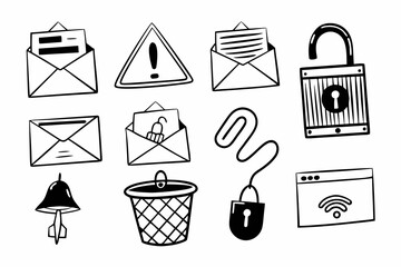 A set of hand drawn icons for cybersecurity and phishing prevention