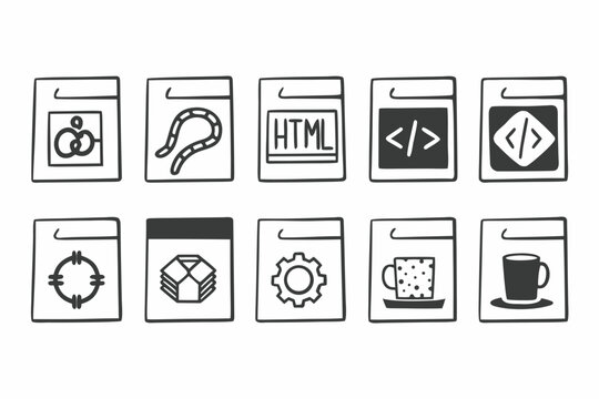 Set of black and white hand drawn programming icons