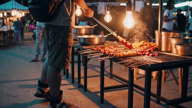 Street food vendor grilling savory meat skewers at a bustling night market, illuminated by a glowing light bulb, creating a warm and inviting atmosphere filled with delicious aromas