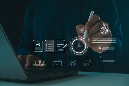 A professional concept image showing digital time management, task planning and productivity optimization with virtual icon, symbolizing workflow efficiency and modern business organization.
