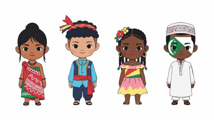 Diverse Cartoon Children in Traditional Cultural Attire and Costumes