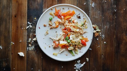 Leftover Food Scraps on a White Plate on Wooden Table