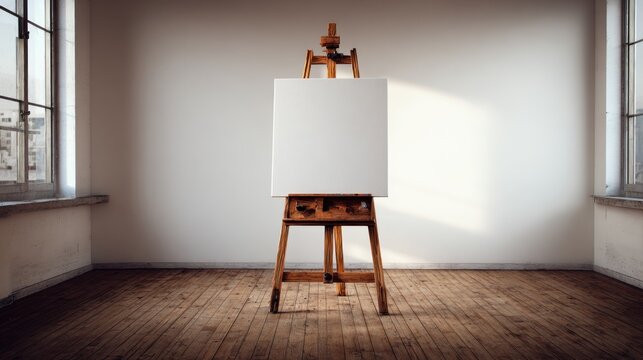 Empty room with easel and blank canvas