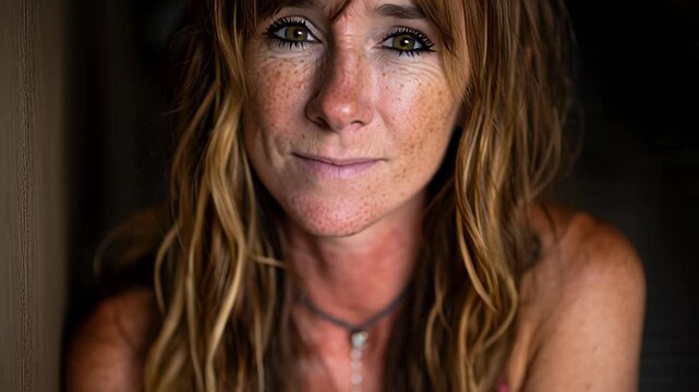 A striking, naturally lit portrait of a woman with wavy auburn hair, freckles, and a gentle, direct gaze.