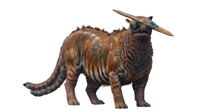 A fantastical creature with tiger stripes and a horn on its head standing on a black background