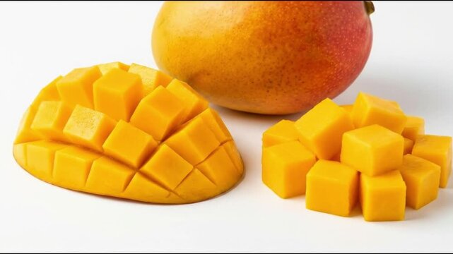 A vibrant, ripe tropical fruit is presented in various stages of preparation on a clean white background. The scene features a whole, unpeeled mango, alongside a half portion expertly scored into appe