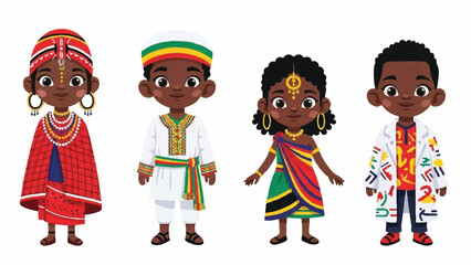 Diverse Group of Cartoon Children in Traditional and Modern Attire