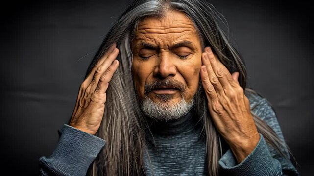 An elderly man with long gray hair touches his temples, suffering from a headache or stress. - Powered by Adobe