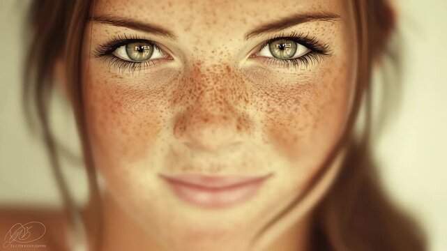 A beautiful young woman with striking green eyes and a face full of freckles looks directly at the camera with a gentle smile.