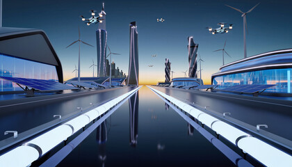 Futuristic Cityscape with Modern Architecture and Advanced Transportation Systems.