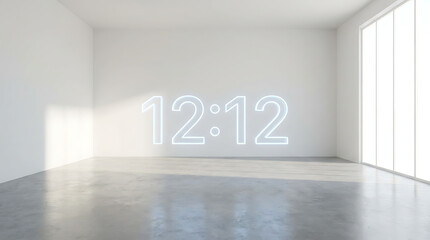 Glowing Neon Time 1212 in an Empty White Room.