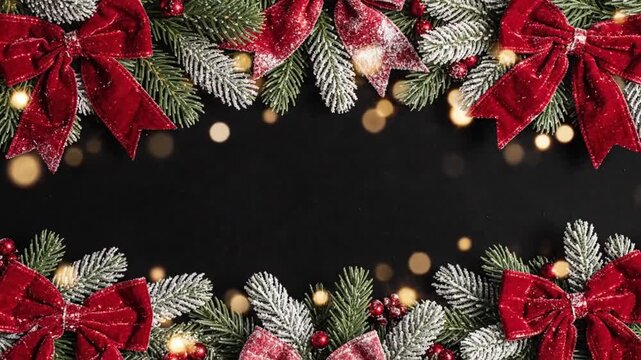 Festive holiday season vibes with evergreen branches and red velvet bows over a dark backdrop for elegant Christmas designs