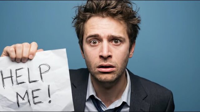 A visibly overwhelmed and disheveled man stands against a clean blue background, his eyes wide with a look of desperation and shock. He holds up a crumpled piece of paper with "HELP ME!" scrawled acro