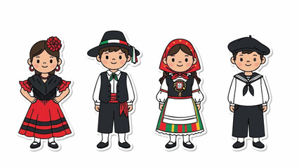 Diverse Children in Traditional European Folk Costumes Illustration Set
