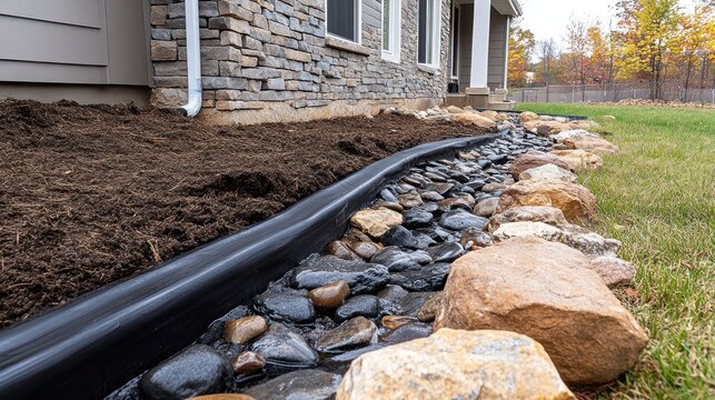 Residential Foundation Drainage System with Rocks and Mulch