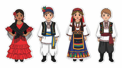 Diverse Children in Colorful Traditional Cultural Folk Costumes Illustration