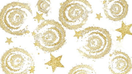 Golden glitter spirals and star shapes scattered across a white background, creating a festive design.