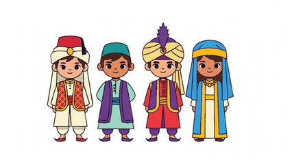 Cute Cartoon Characters in Traditional Middle Eastern or Mediterranean Attire Group