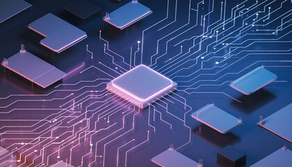 Advanced Microchip on Circuit Board with Glowing Connections.