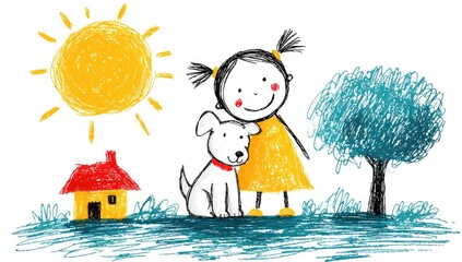 Child and dog, crayon drawing, sunny day